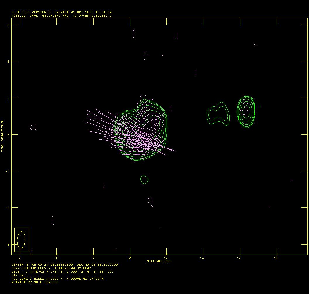 Image of 4C39.25 at 43 GHz in total and polarized flux density